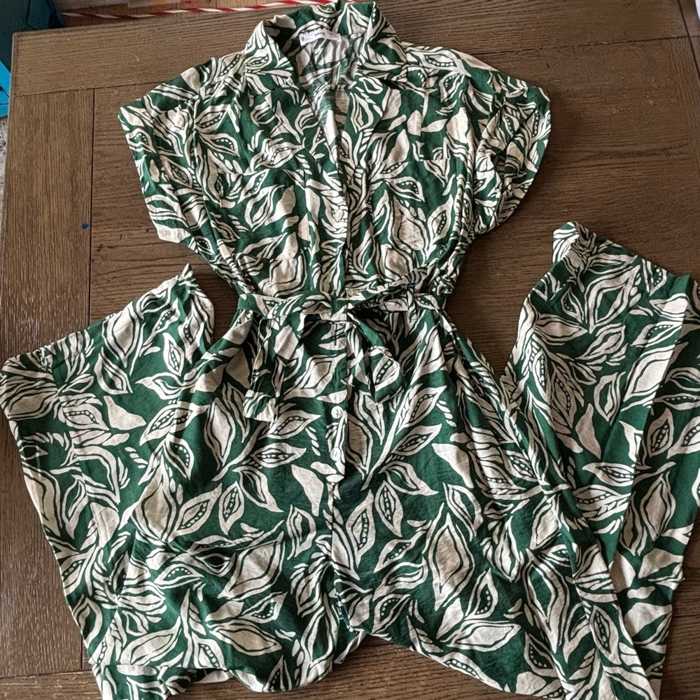 Mango Green and Cream Leaf-Print Jumpsuit